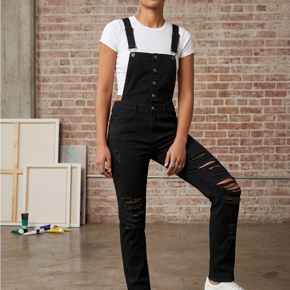 Danng Goodman Tripp NYC Black Ripped Denim Overalls